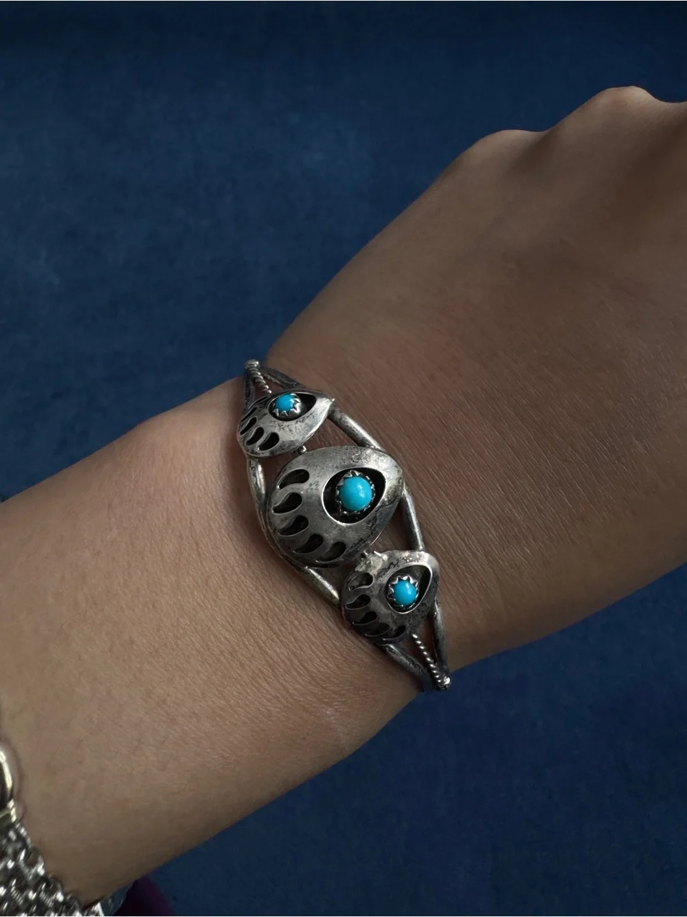 Vintage Native American Sterling Silver Turquoise Bear Paw Cuff Bracelet